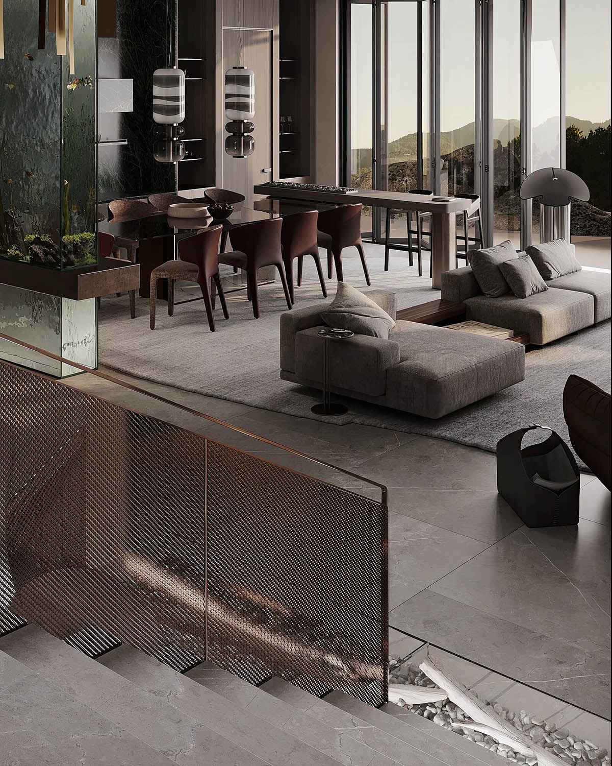 Modern luxury living room with elegant Marble coffee table and geometric rug design
