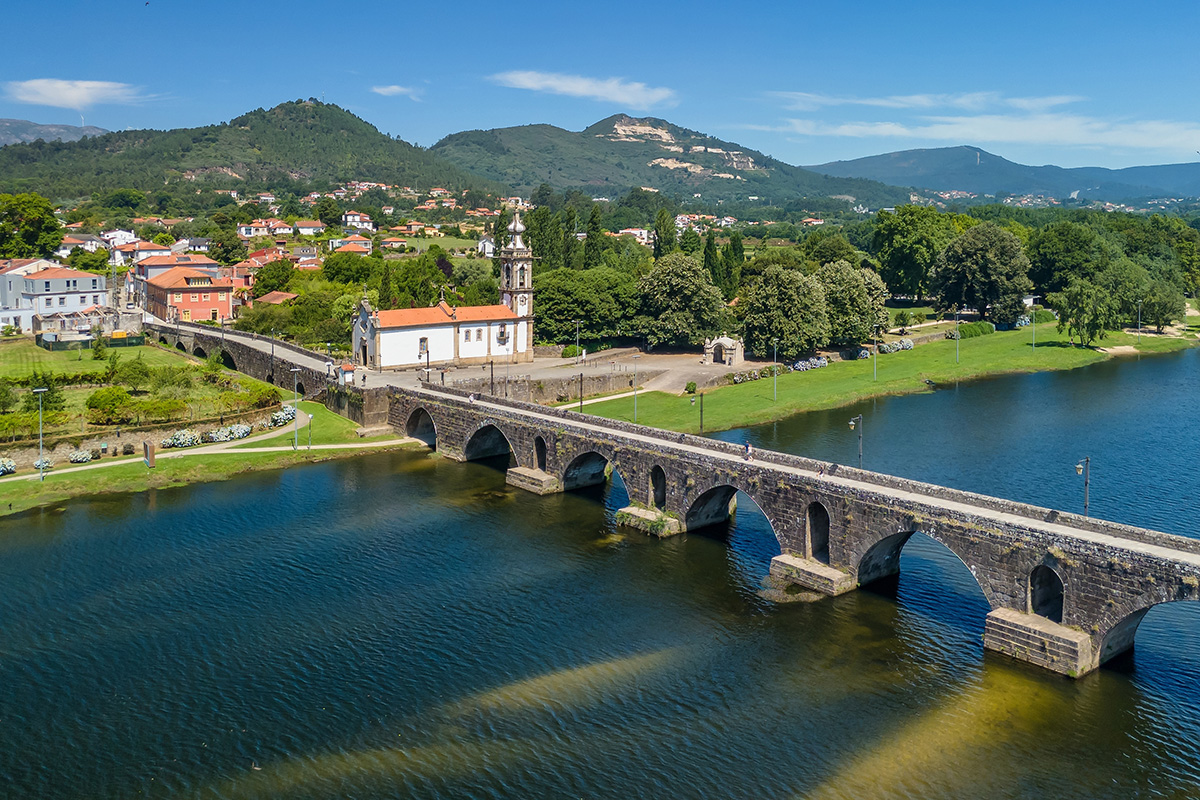 Historic medieval stone bridge at Ponte de Lima crossing the Lima River
