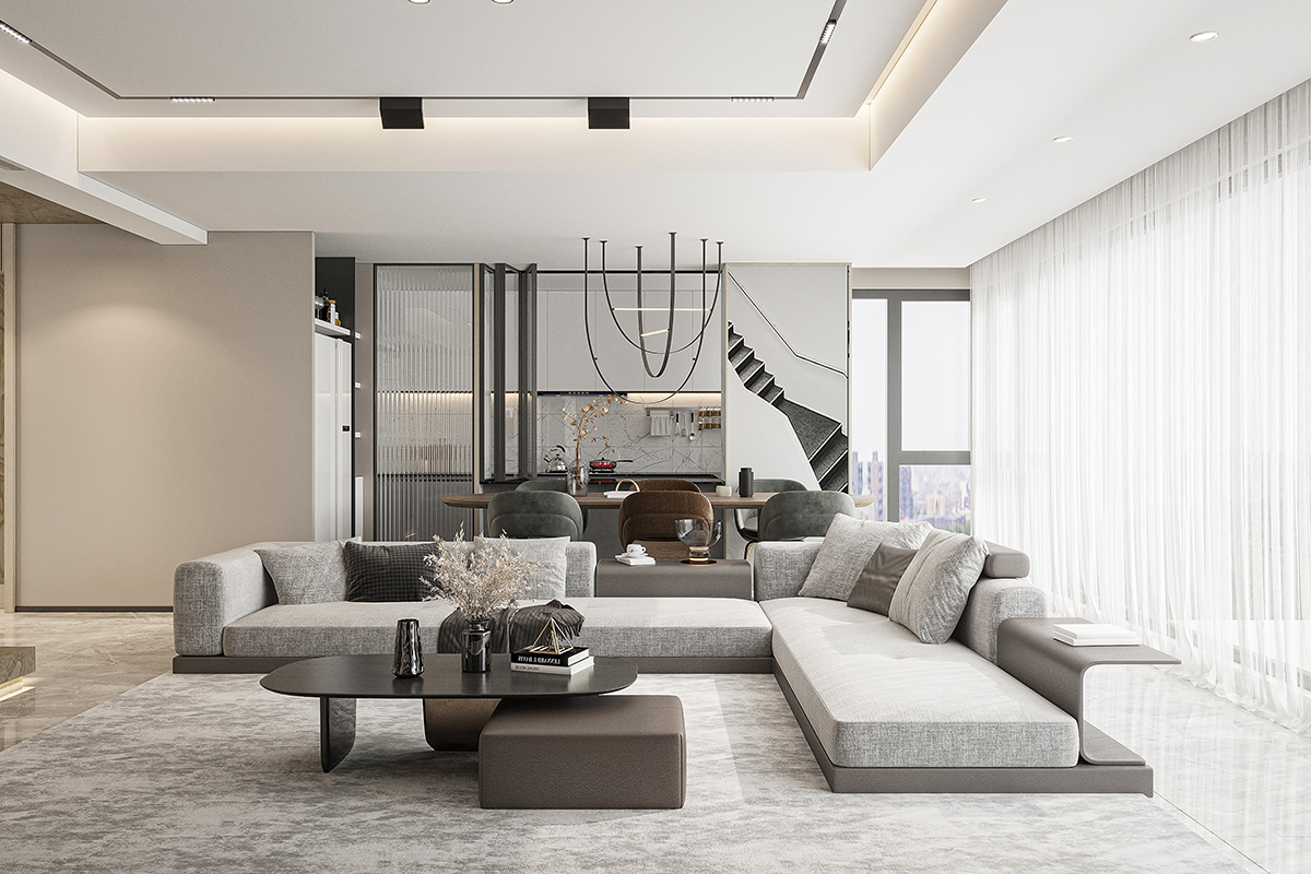 Spacious minimalist loft studio with a sectional sofa and large windows