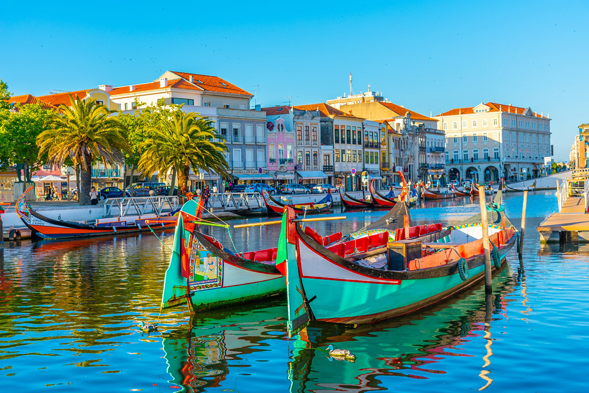 Moliceiro boats mooring alongside the central channel at Aveiro, Portugal