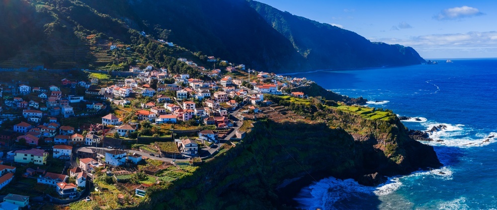 Aerial view over the island of Madeira and the ocean