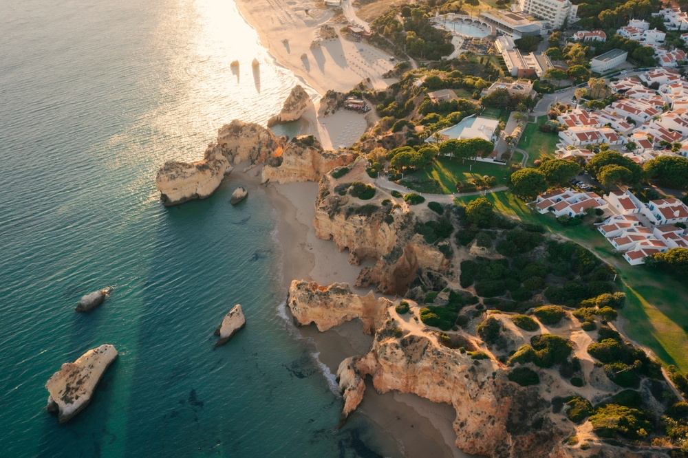 Aerial view of resort area and beach in Algarve Portugal