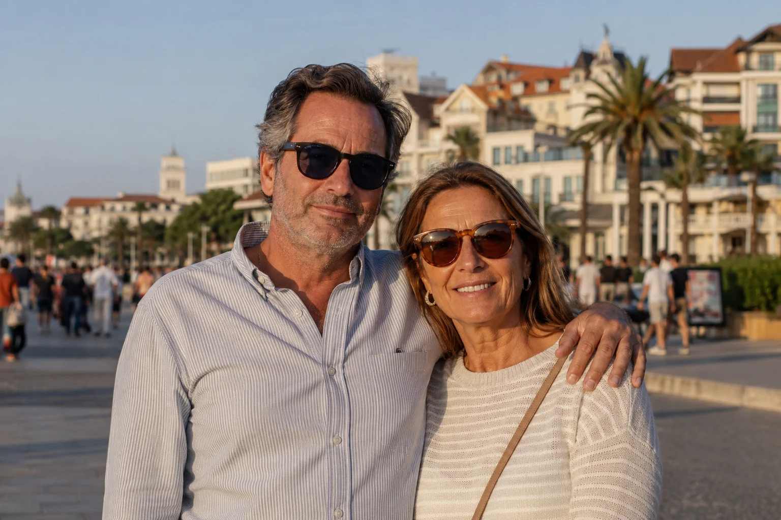 Affluent couple enjoying golden hour on Estoril promenade
