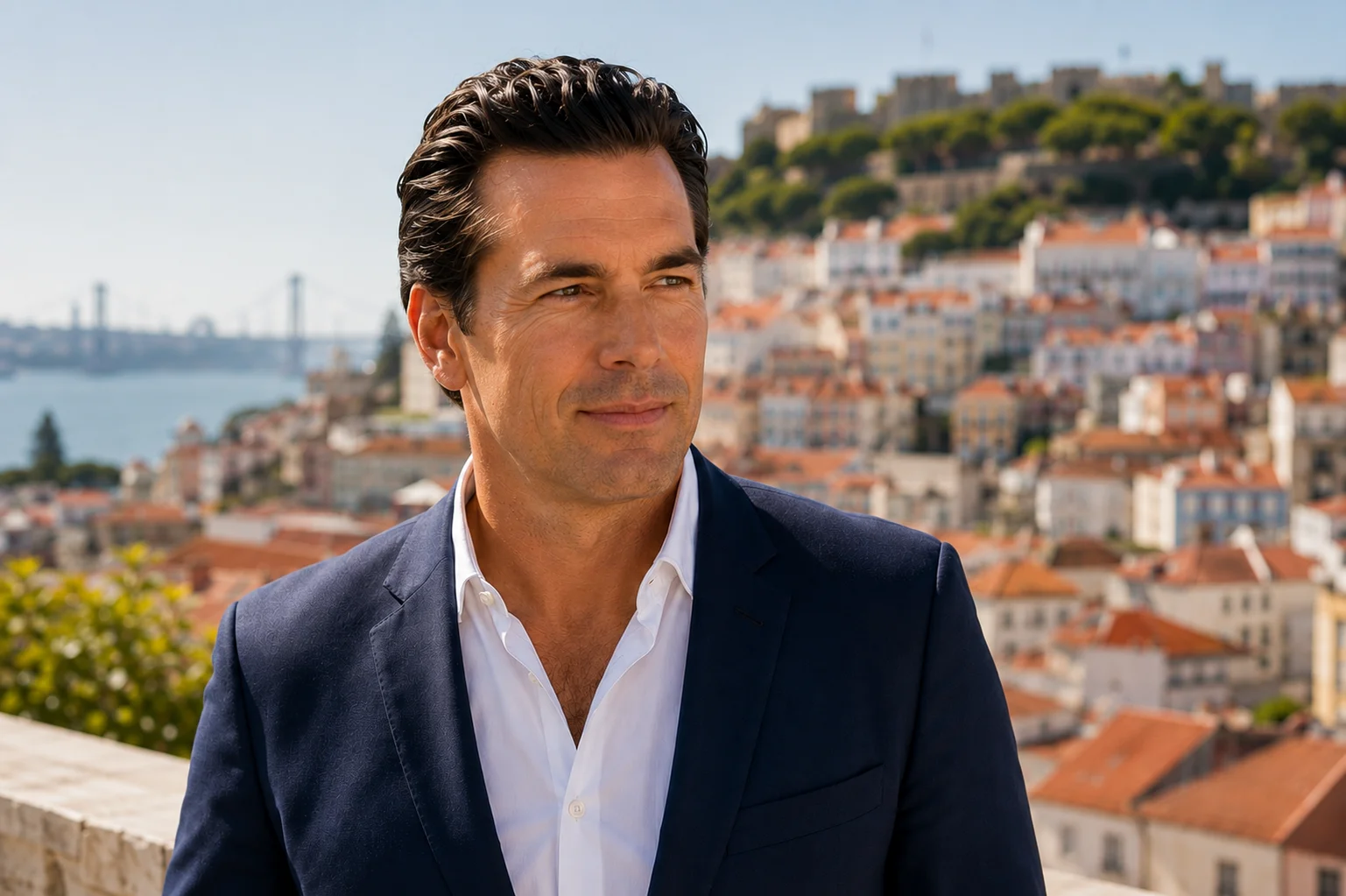 Professional man overlooking Lisbon skyline with river views and classic Portuguese rooftops