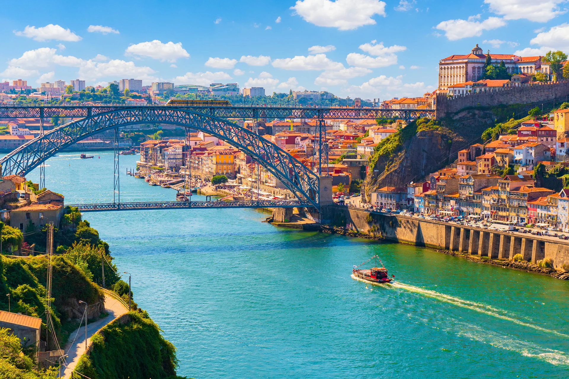Scenic view of historic Ribeira district, Luis Bridge, and Douro River in Porto, Portugal