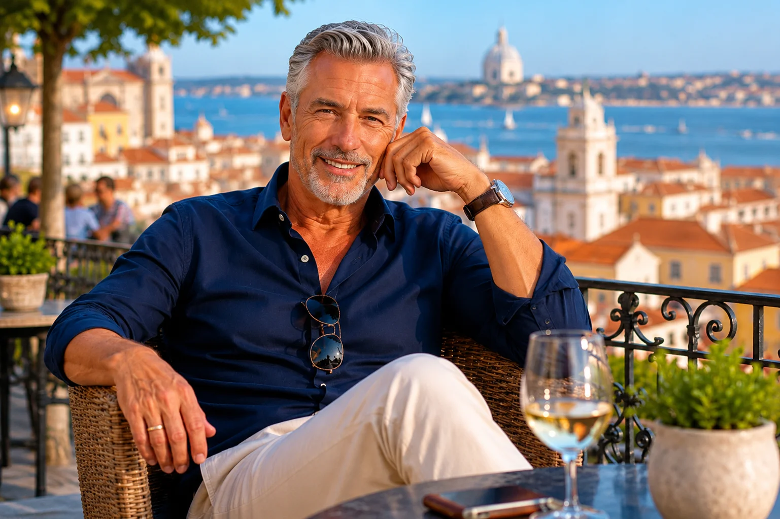 Smiling man with grey hair enjoys white wine on a terrace overlooking Lisbon