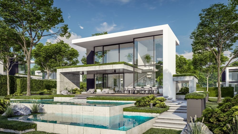 Modern luxury villa in Portugal surrounded by greenery and swimming pool