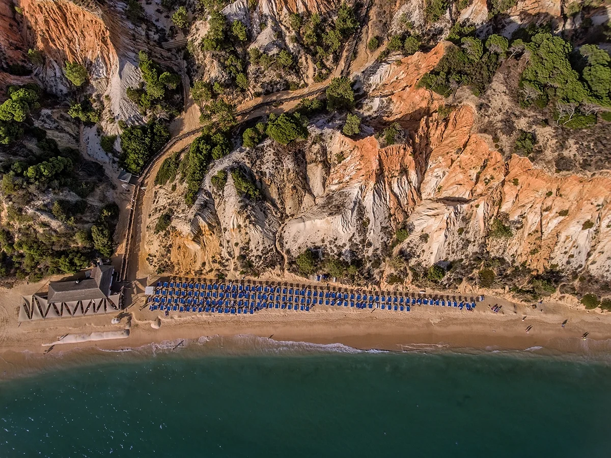 Rows of blue sun loungers sit on a sandy beach below tree-covered orange cliffs