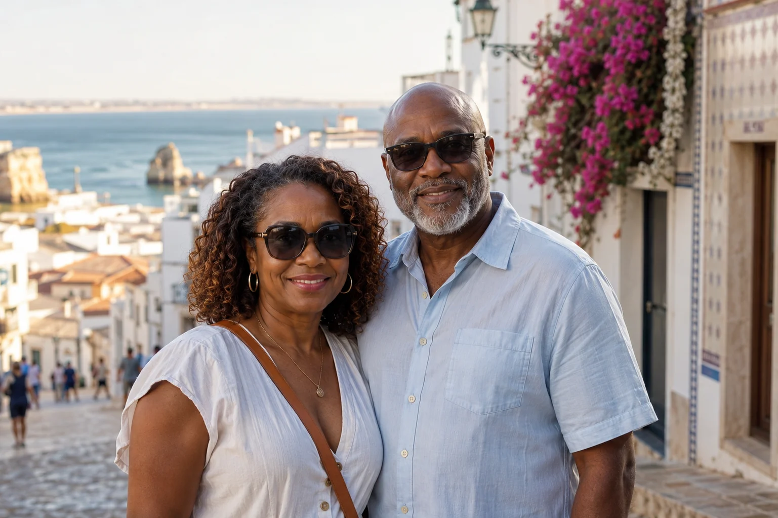 Smiling couple on a scenic hillside street overlooking the ocean coast in Lagos