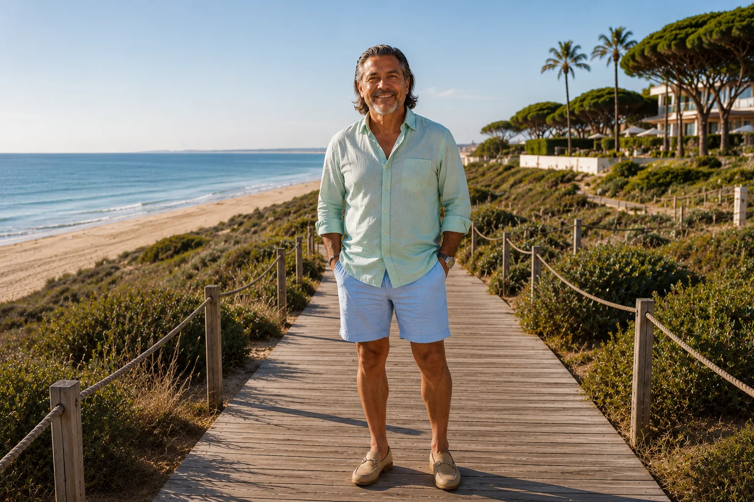Smiling man standing on a wooden boardwalk next to a scenic sandy beach, Algarve