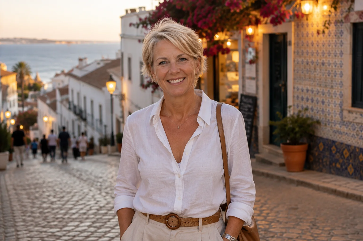 Smiling woman on a scenic cobblestone street overlooking the ocean coast, Lagos