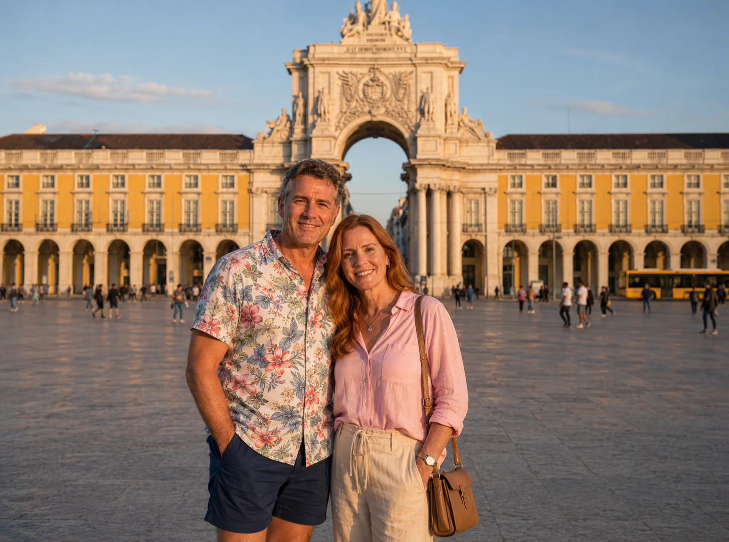 A happy couple vacationing in front of the historic Rua Augusta Arch in Lisbon
