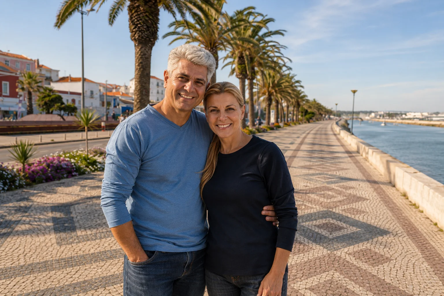 A cheerful couple enjoying a sunny stroll along the palm-lined riverfront in Lagos