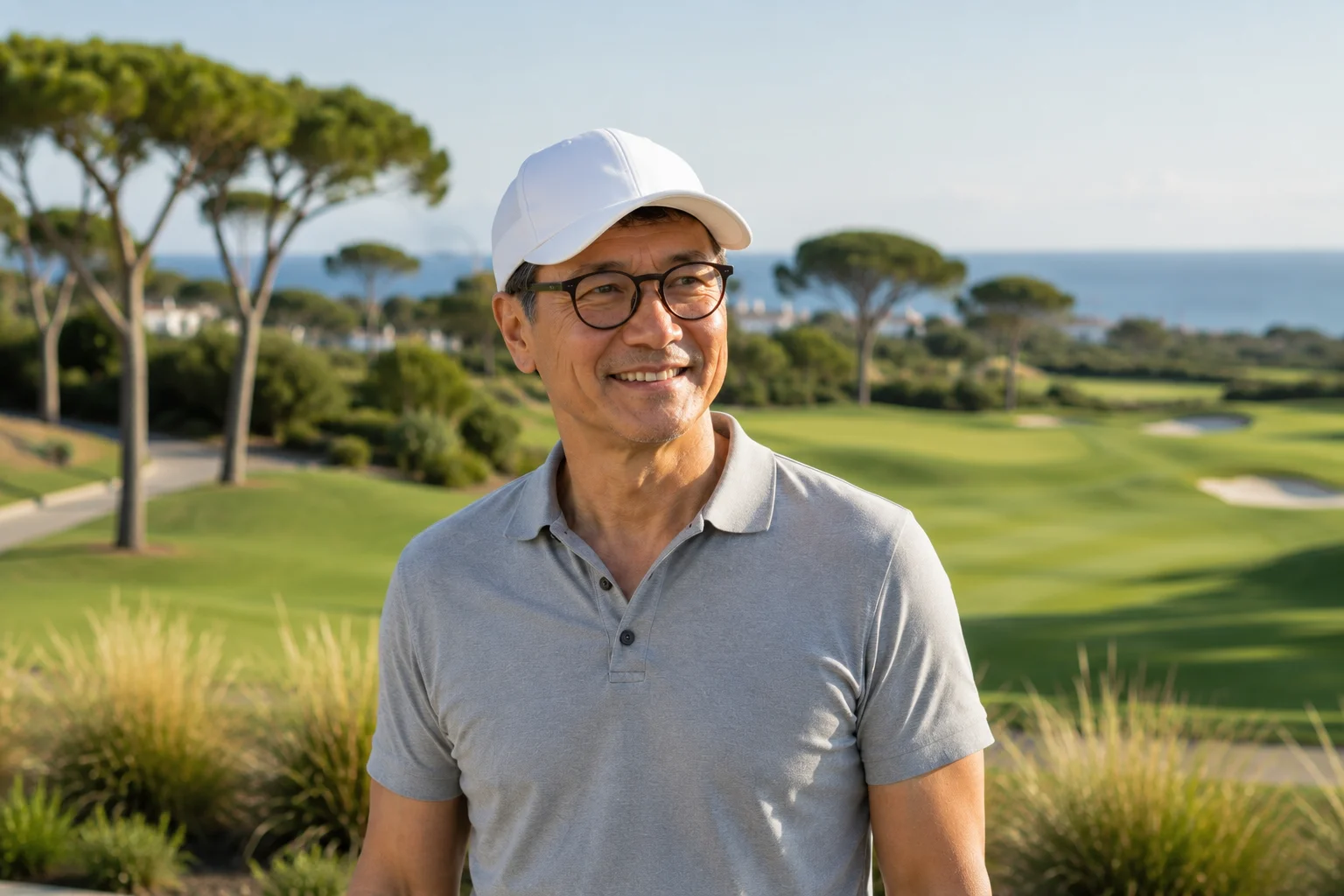 A golfer smiling on a beautiful coastal course overlooking the ocean in Algarve