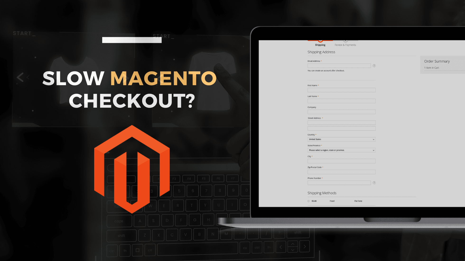 E-commerce article thumbnail with the caption "Slow Magento Checkout?" with a checkout page to the right