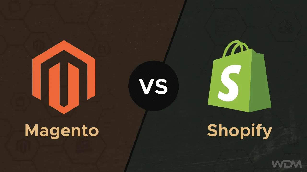 E-commerce article thumbnail comparing Magento on the left against Shopify on the right
