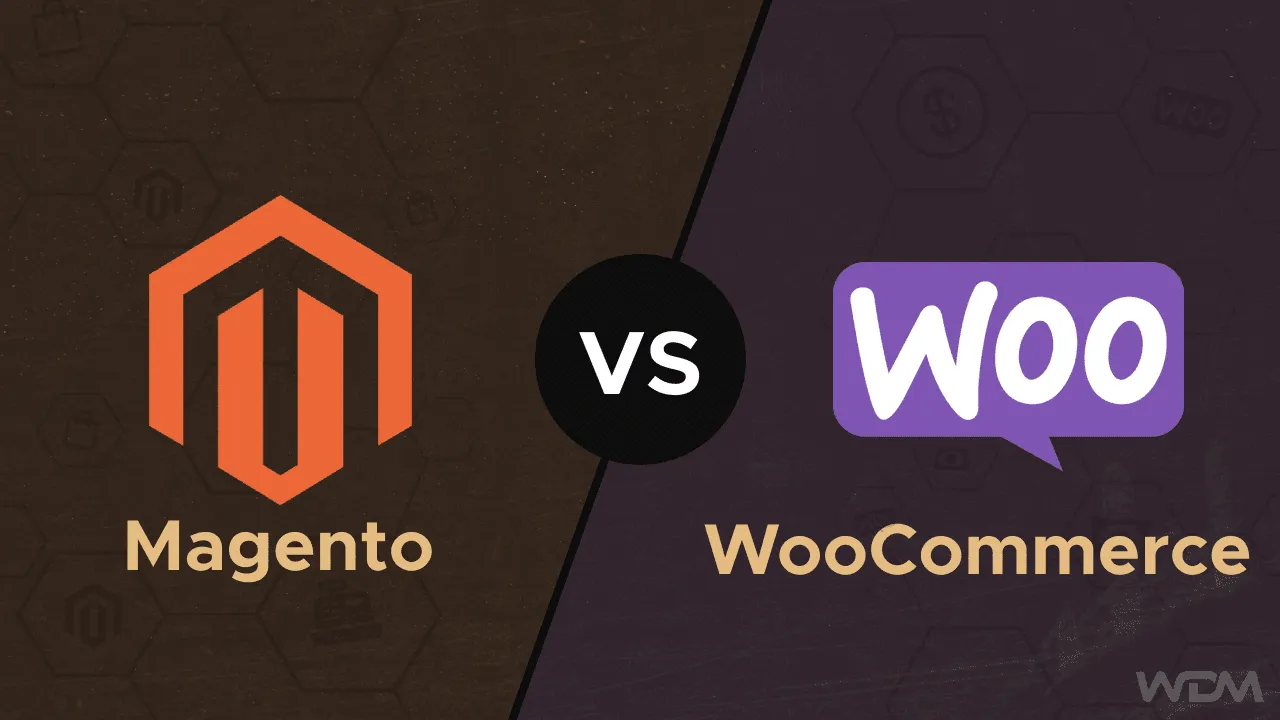 E-commerce article thumbnail comparing Magento on the left with WooCommerce on the right