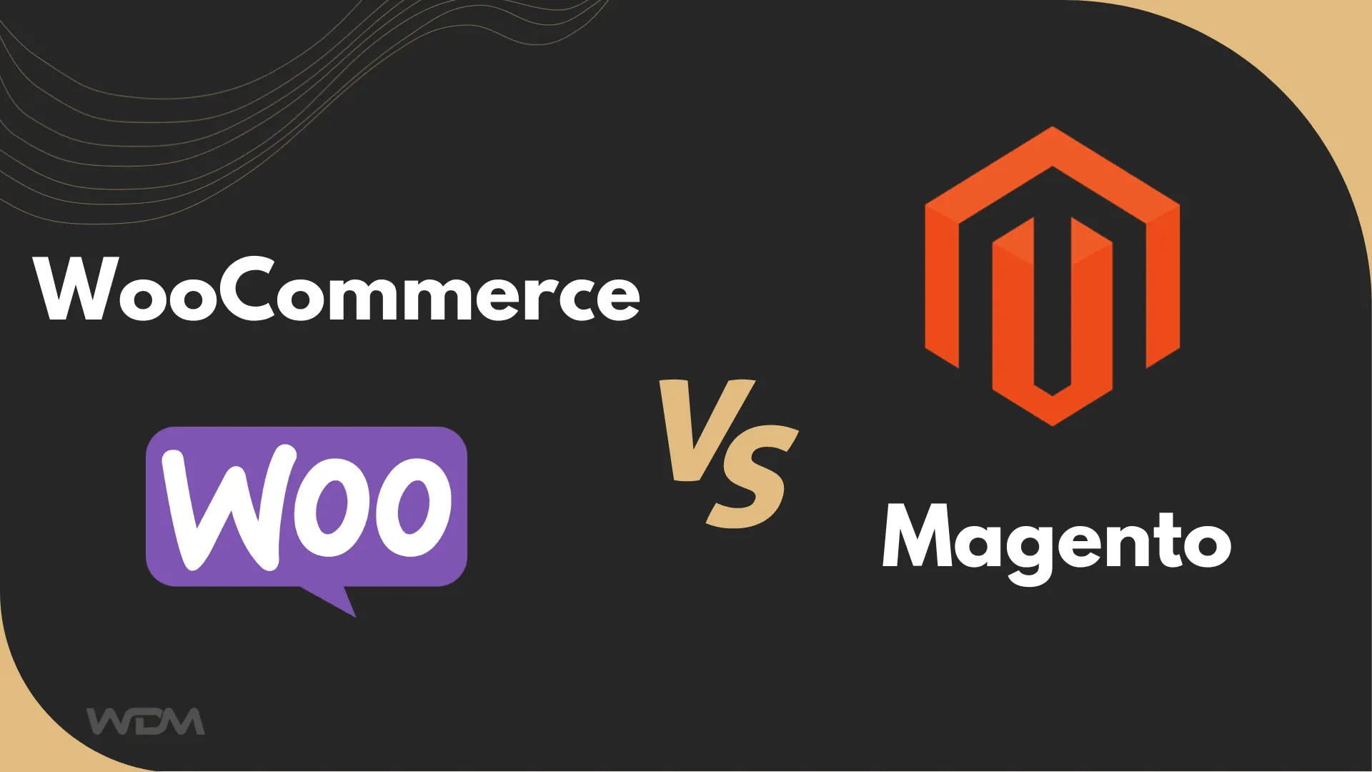 E-commerce article thumbnail with the Woocommerce logo on the left versus the Magento logo on the right