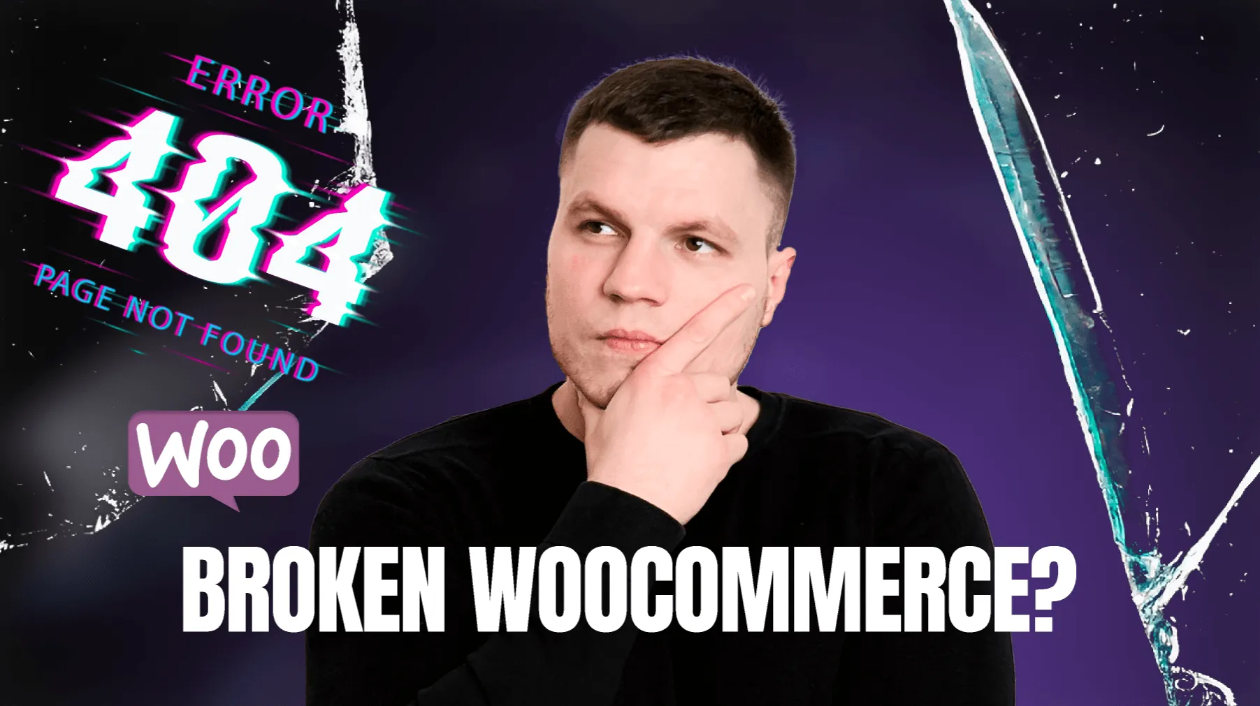 E-commerce article thumbnail with 404 error in the corner and the caption "Broken Woocommerce?"