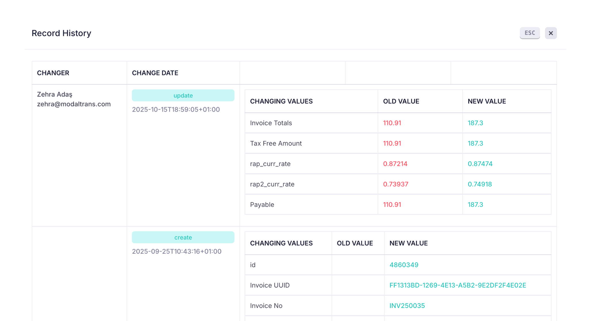 data history in modaltrans