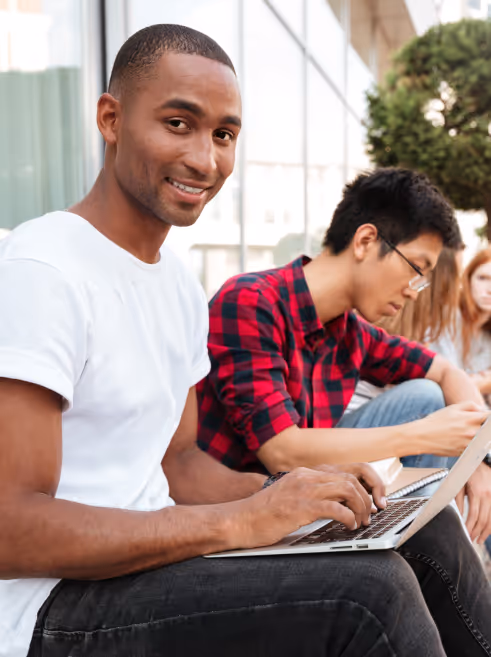 Students discussing job prospects with recruiters.