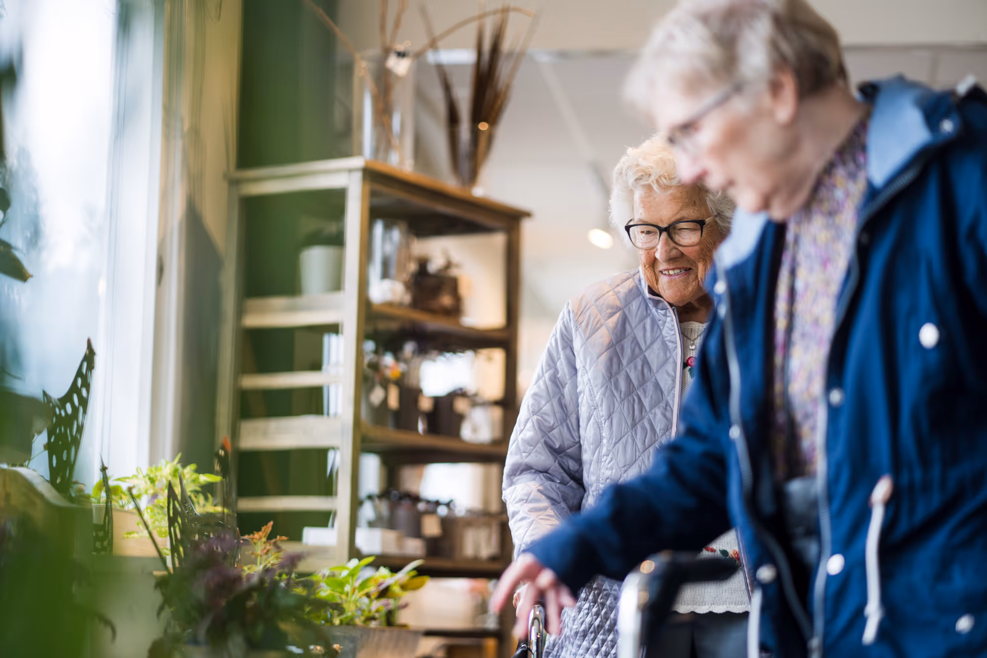 Elderly women exploring plants in a cozy indoor shop.
