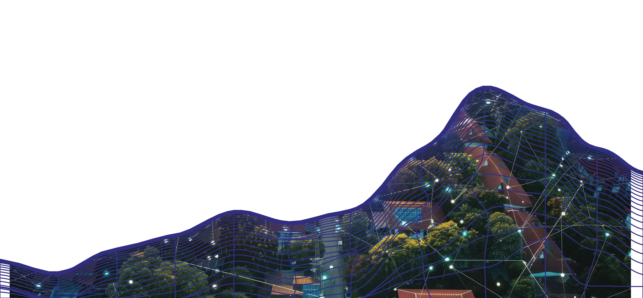 Abstract digital landscape with network lines overlaid on a scene of green trees and architectural structures at night.