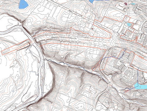 Topographic map showing contour lines, waterways, and urban structures.
