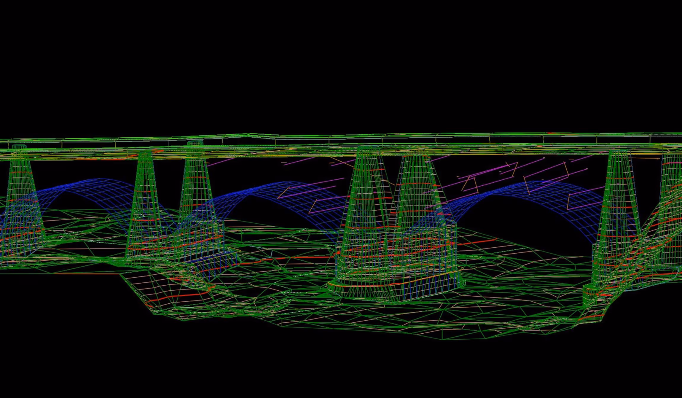 Wireframe 3D model of a bridge with multiple piers and curved arches over a terrain.