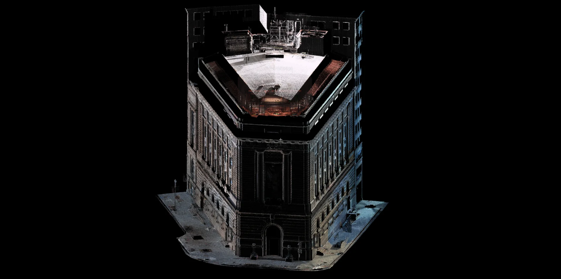 3D digital model of a corner building with detailed facade and a rooftop under construction, isolated on black background.