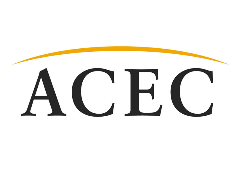 ACEC logo with black letters and a curved orange line above.