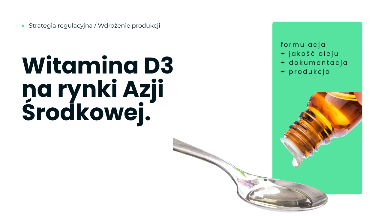 Witamina D3 na rynki Azji Środkowej - okładka studium przypadku FoodUP z butelką dozującą olej na łyżeczkę.