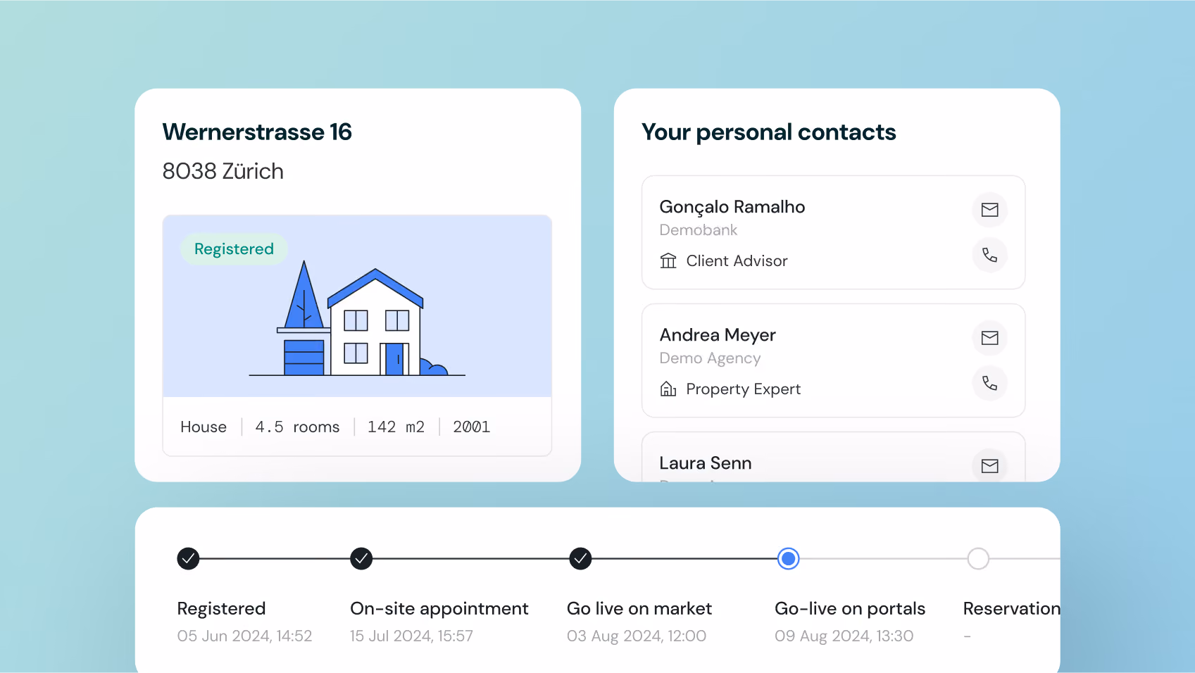 UI screens showing the client hub
