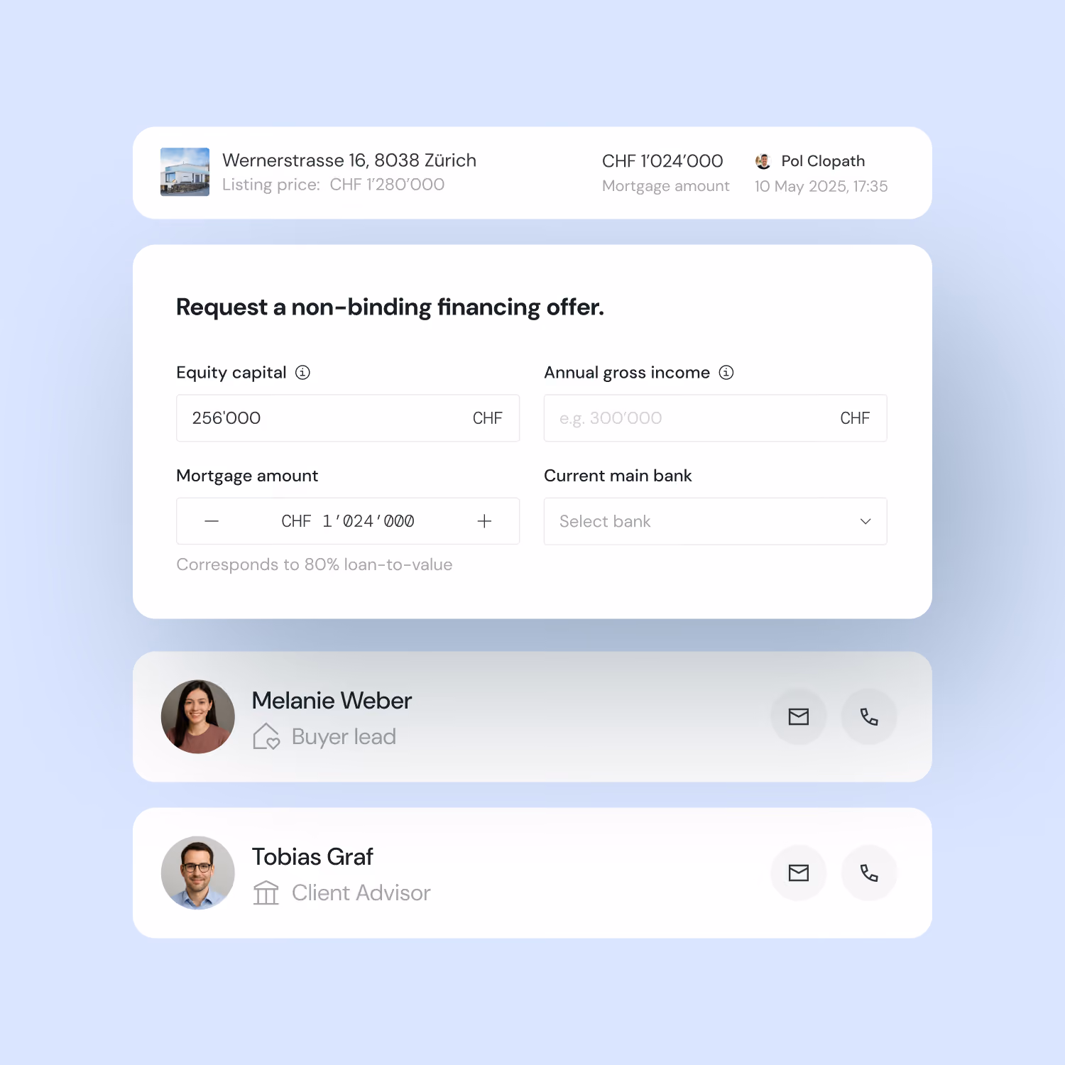 UI elements showing the finance request workflow
