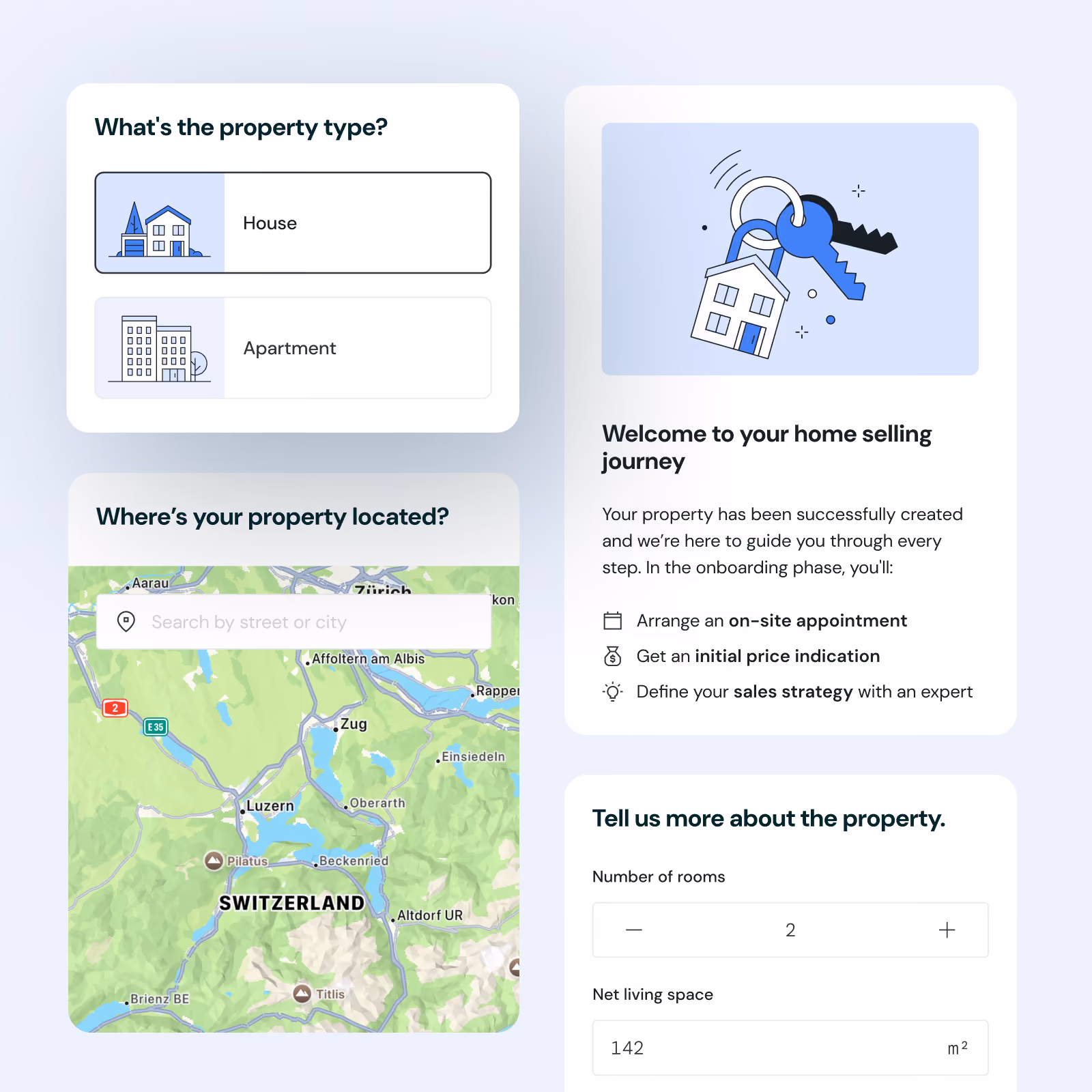 UI screens showing various onboarding elements