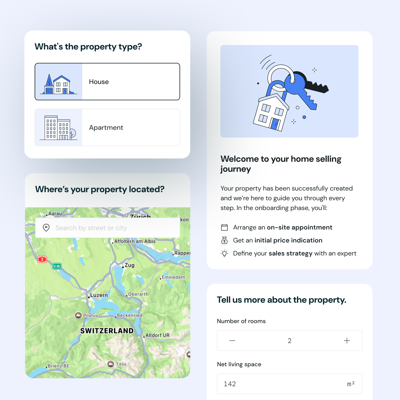 UI screens showing various onboarding elements