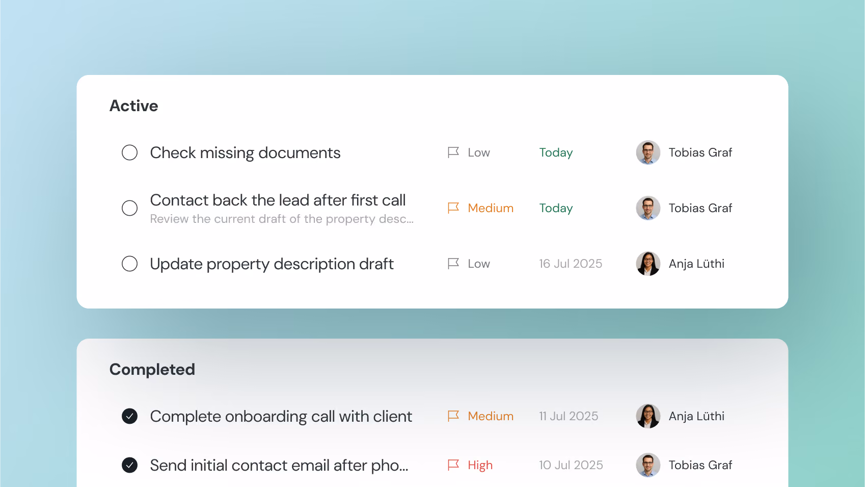 UI showing the task list