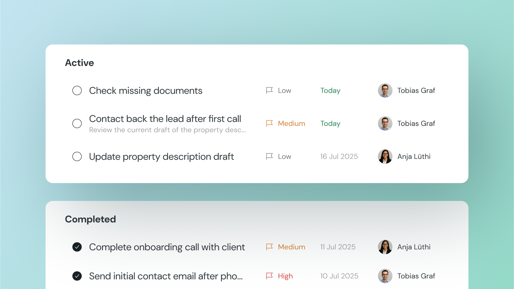UI showing the task list