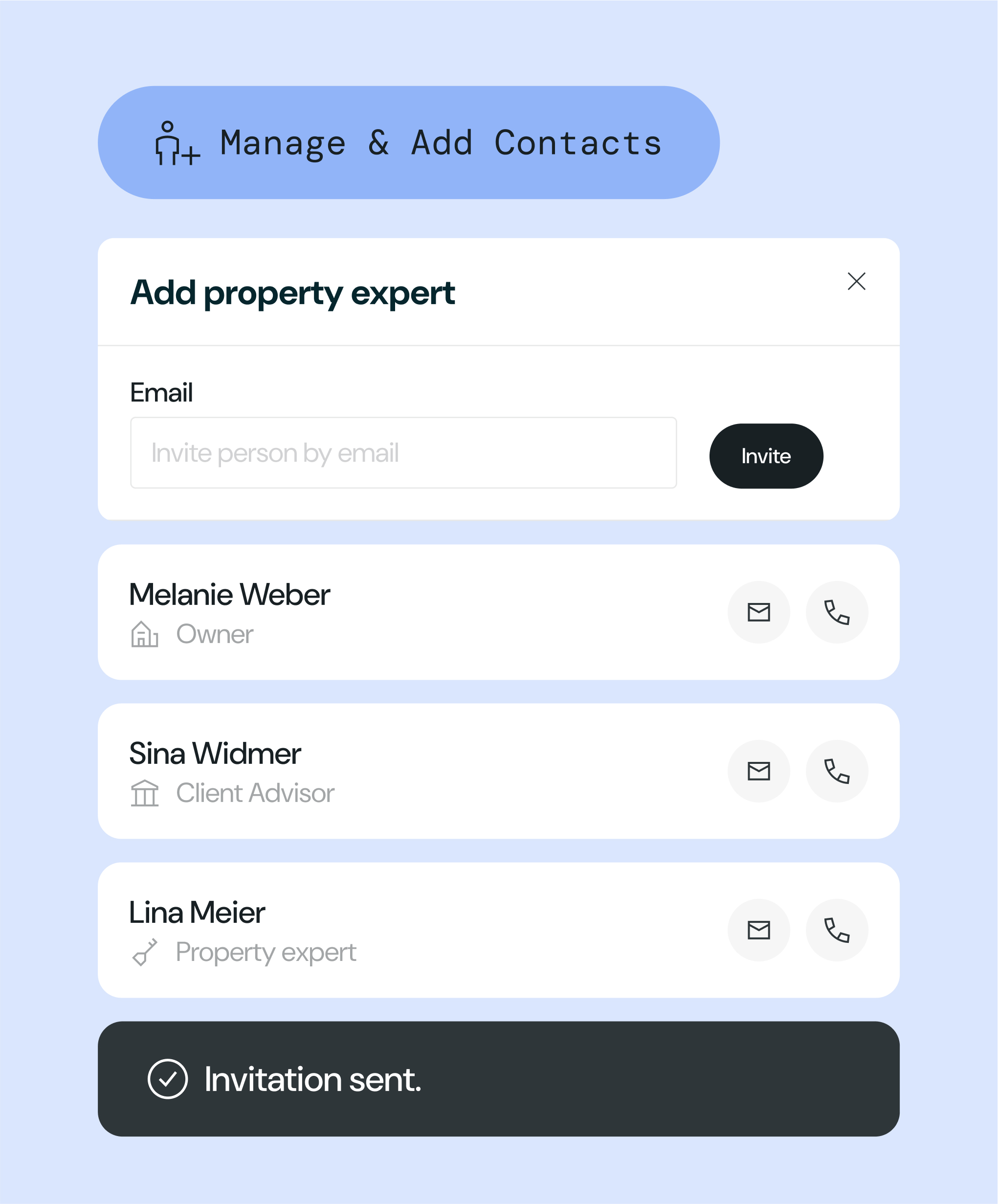 UI elements showing adding and managing contacts