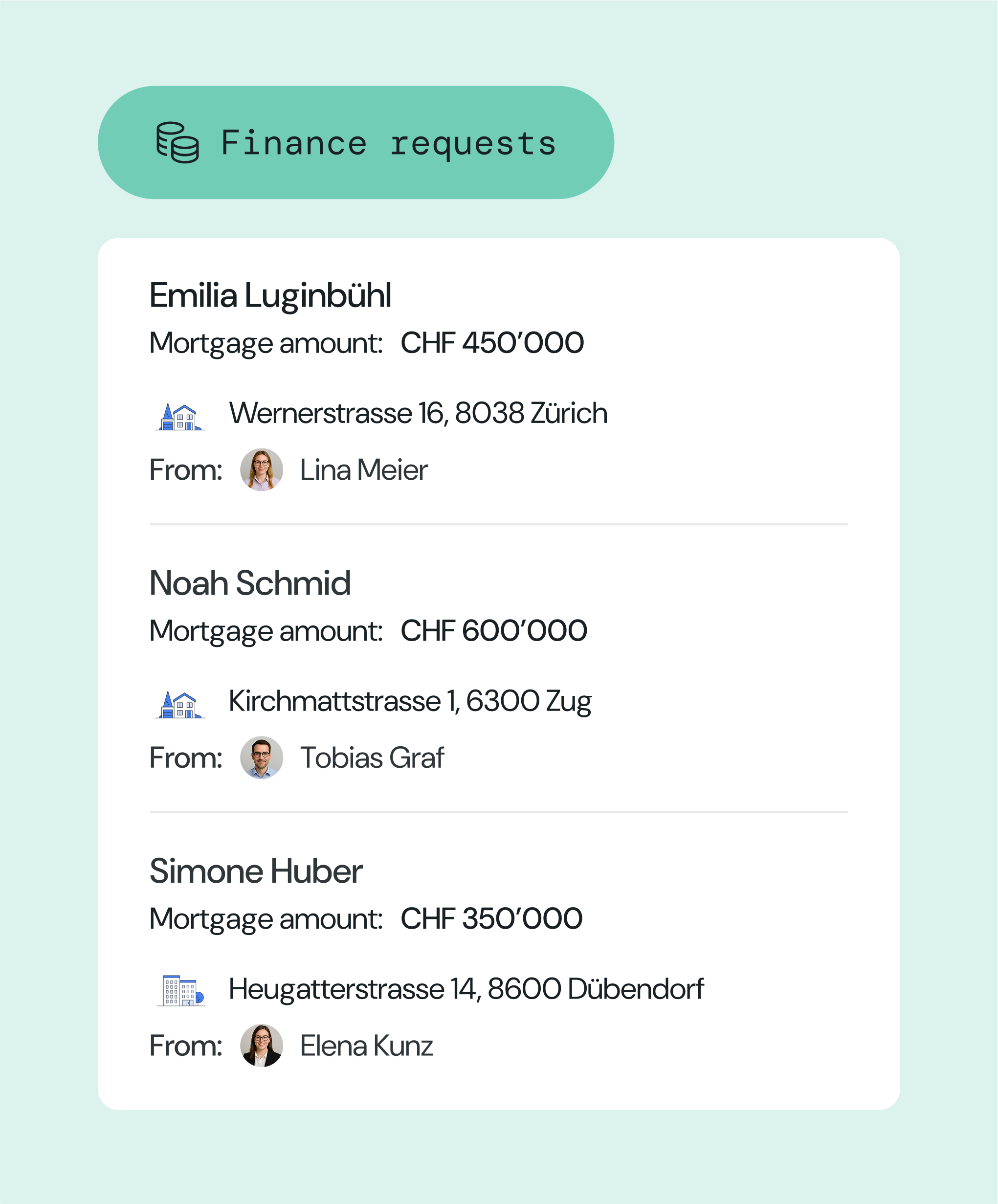 UI showing finance requests
