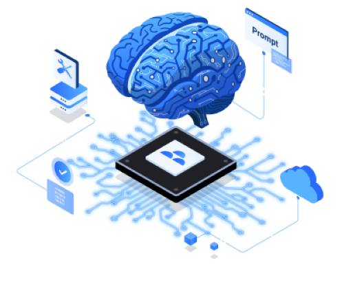 Diagram showing a customer request flowing through SahaabTech’s governed AI platform to specialised AI services and approved enterprise systems.