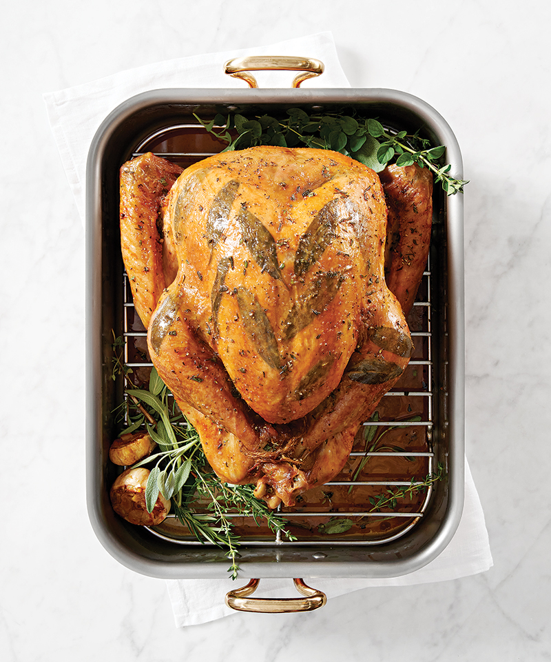A whole cooked chicken in a roasting pan with fresh herbs, seasonings, and garlic bulbs.