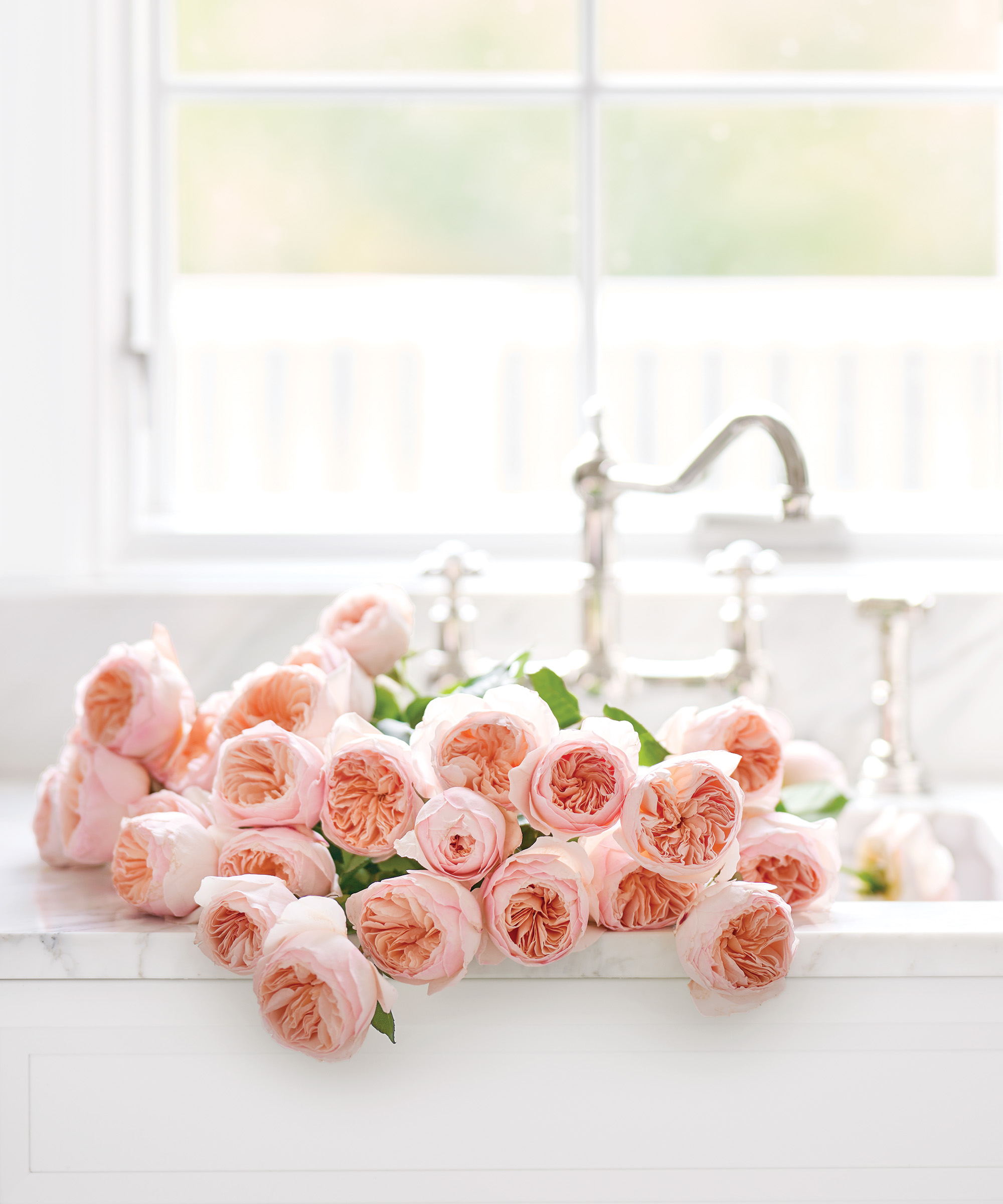 A white kitchen sink filled with pink blooming flowers.