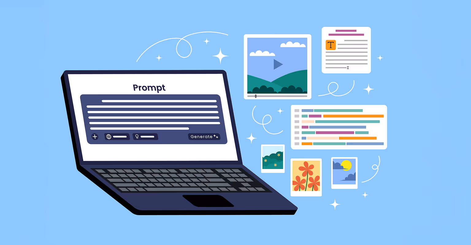 Laptop with the word ‘Prompt’ and creative assets like text, code, and images, symbolizing AI-powered content creation.