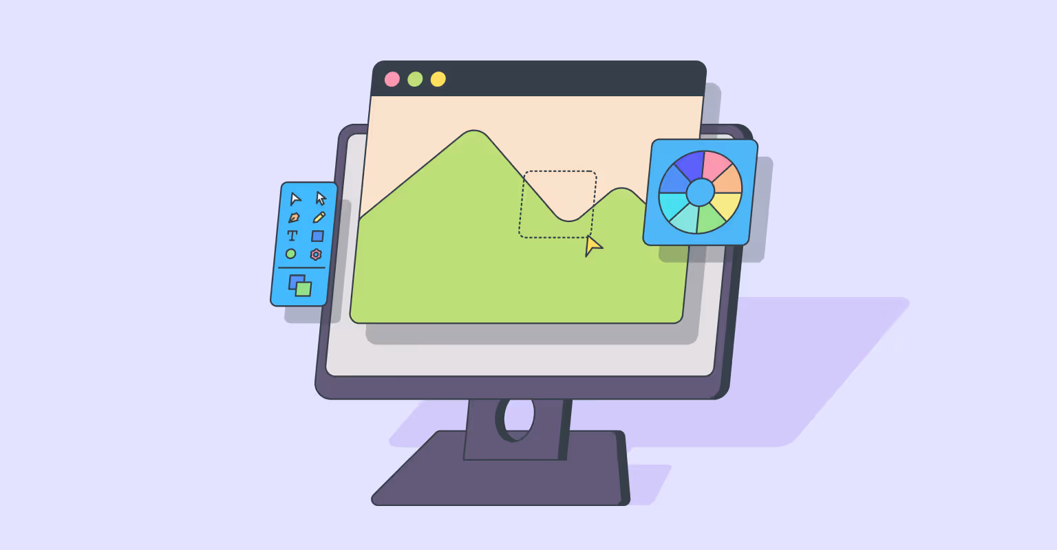 Desktop computer with design tools and color picker, representing branding beyond templates like Canva.