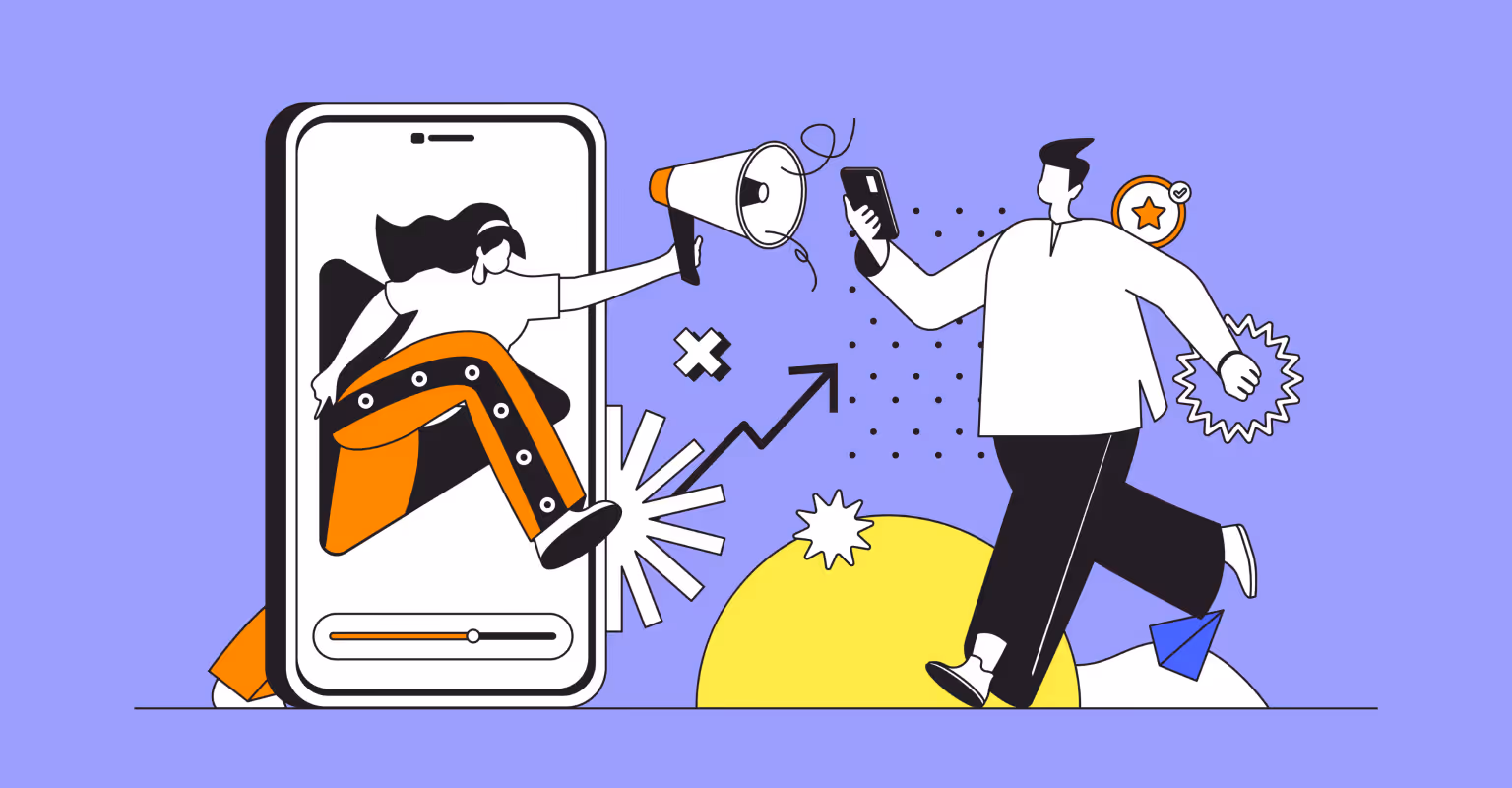Illustration of a person stepping out of a smartphone with a megaphone toward another person holding a phone, representing digital marketing reach and ad spend.