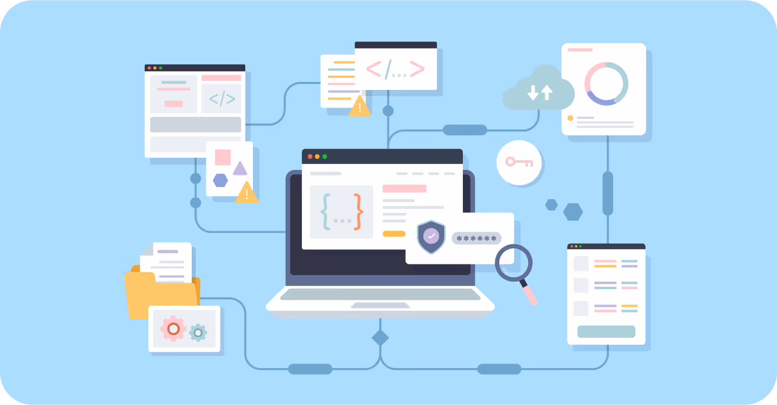 Laptop surrounded by charts, code snippets, and security icons, representing data privacy, cookie changes, and analytics.