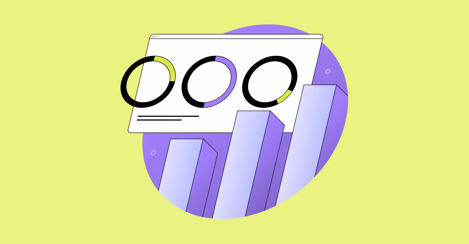 Browser window with bar charts and donut charts, symbolizing marketing analytics and performance tracking.
