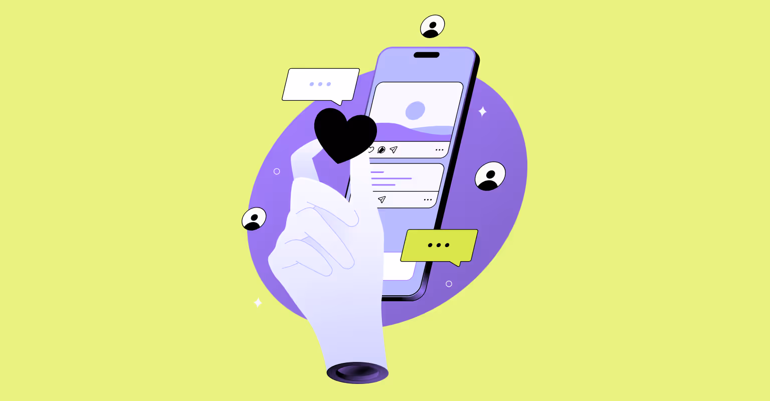 Hand holding a heart above a smartphone screen with social posts, symbolizing social media engagement.