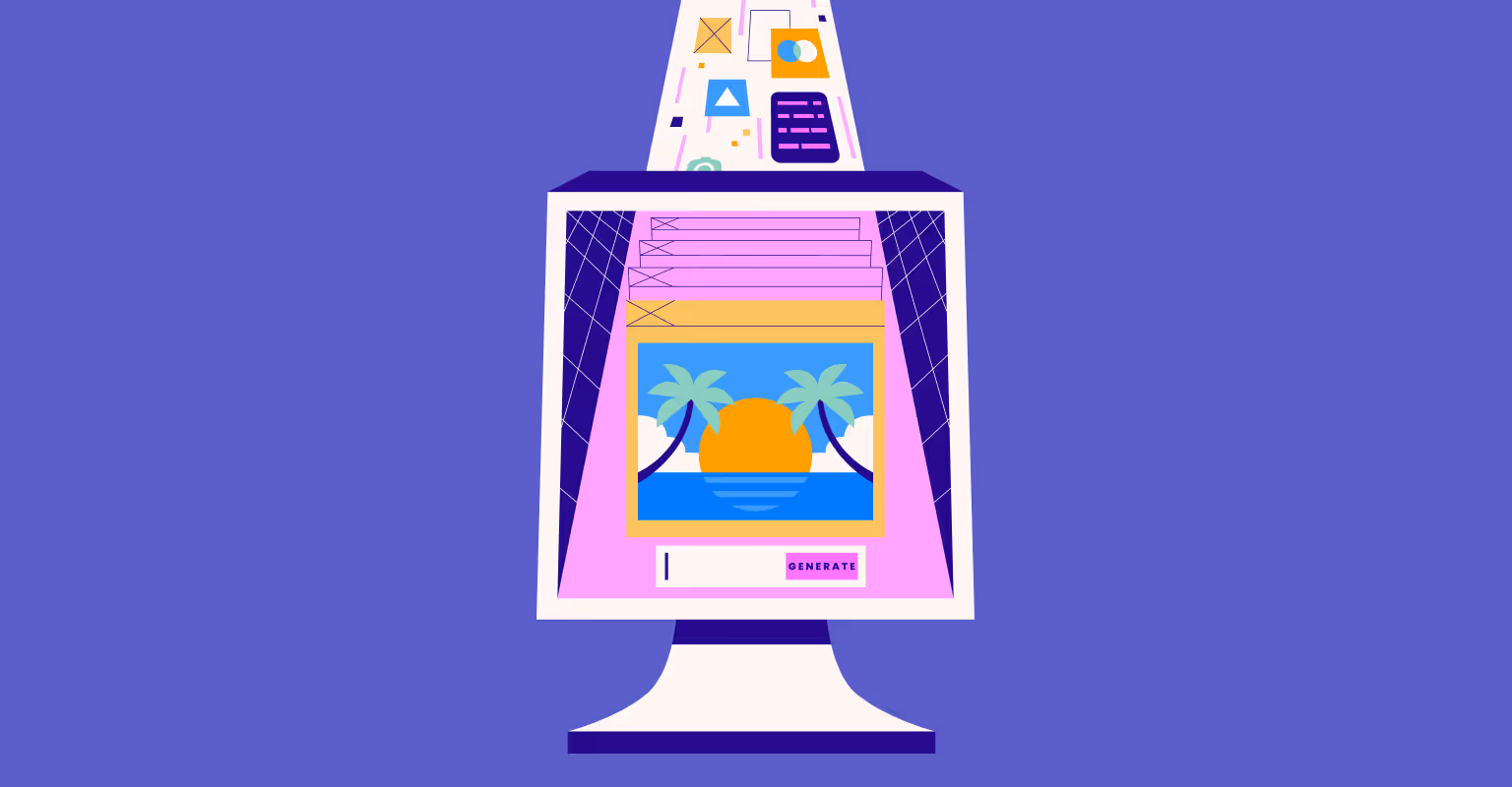 An illustration of a computer with a stream of media coming into the back of it with a generate button on screen.